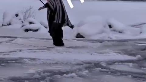 This madman really ran across a bunch of frozen ice blocks with a torch 😂