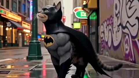 A cat in a Batman costume is looking for criminals