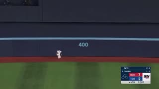 Blue Jays OF Daulton Varsho stumbled and still made the backhand catch
