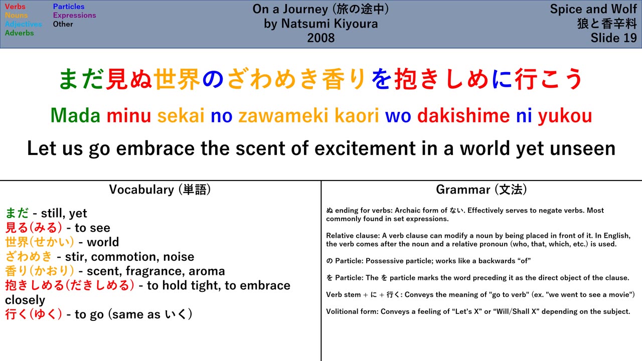 Learn Japanese Through Music: Tabi no Tochuu (Natsumi Kiyoura) - Grammar and Vocab