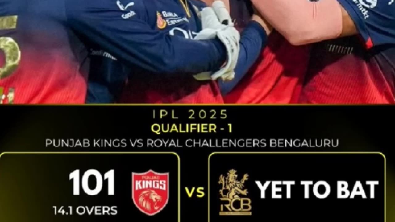 Pbks gave target of 102 runs to RCB in the qualifier 1st in ipl25 in Mullanpur. Predict the winner