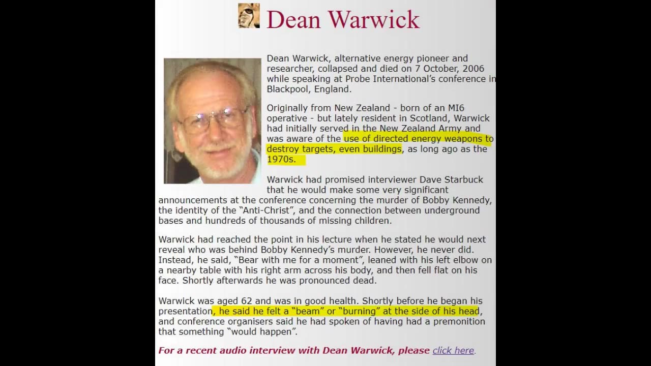 (2006) Dean Warwick's last interview with Dave Starbuck titled "I dont believe in 9/11".
