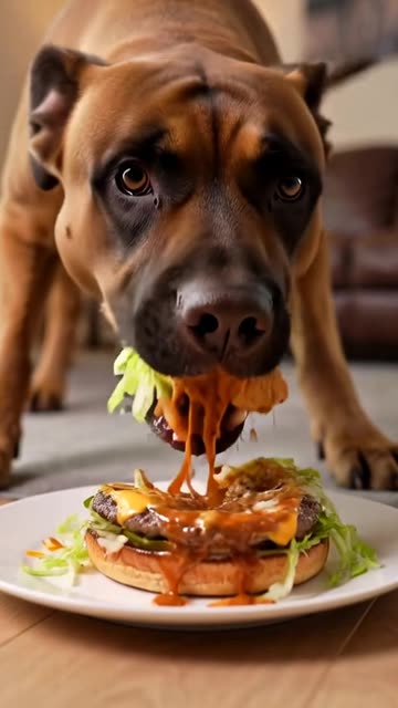 Puppy eating a Hamburger