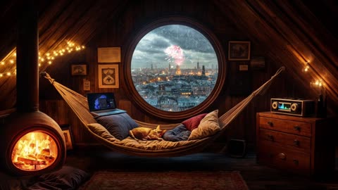 Cozy Winter Night Ambiance ❄️ Fireplace Crackling, Snowfall & Fireworks for Relaxation