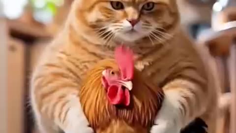 Cat Drying Chicken's Feathers with Hair Dryer 😹