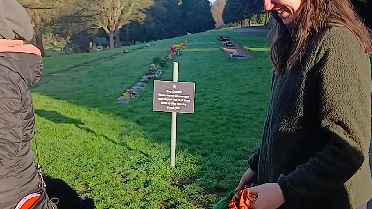 Eleanor and dog walkers putting leads on to LEAVE the scene of their crimes