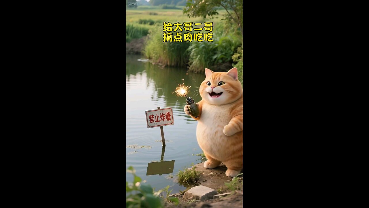 cute little cat catch fish and with friend cooking