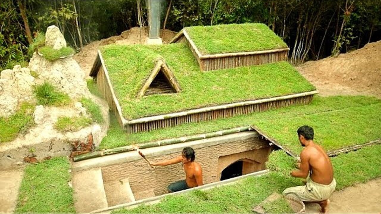 Building underground hut with grass roof & fireplace with clay
