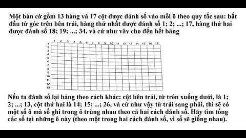 Một bàn cờ gồm 13 hàng và 17 cột được đánh số vào mỗi ô theo quy tắc sau: bắt đầu từ góc trên bên