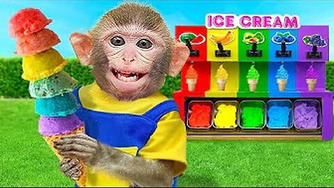 KiKi Monkey try to get Yummy Fruit Ice Cream and go shopping for kinder joy eggs