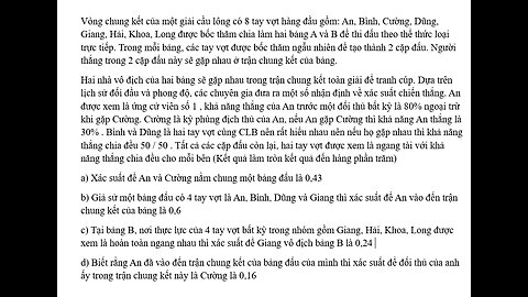 Vòng chung kết của một giải cầu lông có 8 tay vợt hàng đầu gồm: An, Bình, Cường,