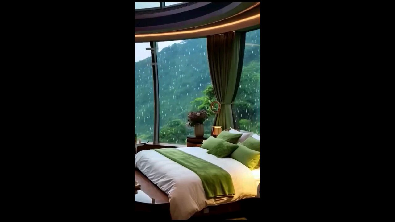 Modern Nature-View Bedroom with Green Fold Bedsheet