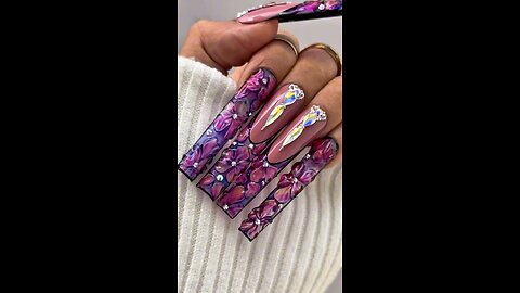 Elegant Blue & Pink Flower Nail Art with Stones | Stylish French Manicure Design