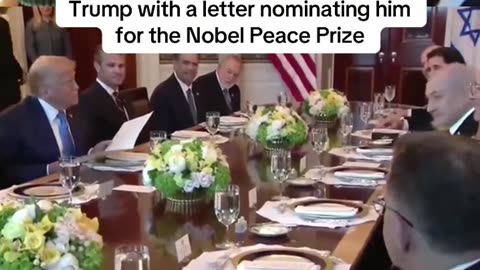 Israeli Prime Minister Benjamin Netanyahu presents President Trump with a letter nominating him for the Nobel Peace Prize