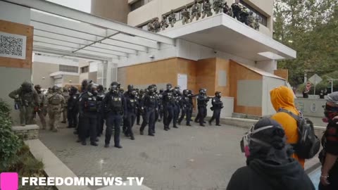 Federal agents make arrests and release tear gas and pepper balls, outside ICE