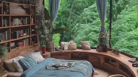 Rock face resort, curved bedroom, lounge vibes.