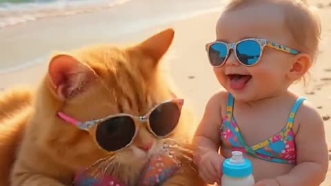 Chonker Cat & Baby Beach Buddies 🕶️🐱👶 | Biscuits, Milk & Goofy Vibes! #Shorts