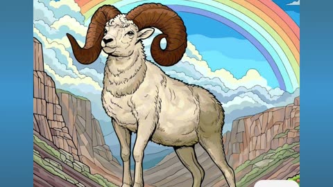 Powerful Ram Standing Proudly Against a Mountain With a Vivid Rainbow