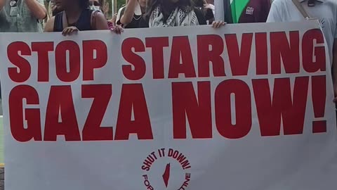 "STOP STARVING GAZA NOW" at the United Nations.