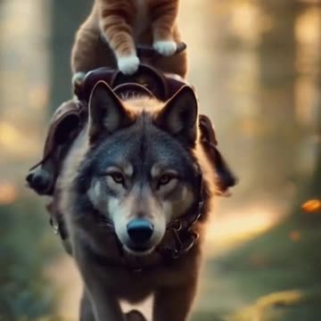 The Brave Cat Riding the Majestic Wolf