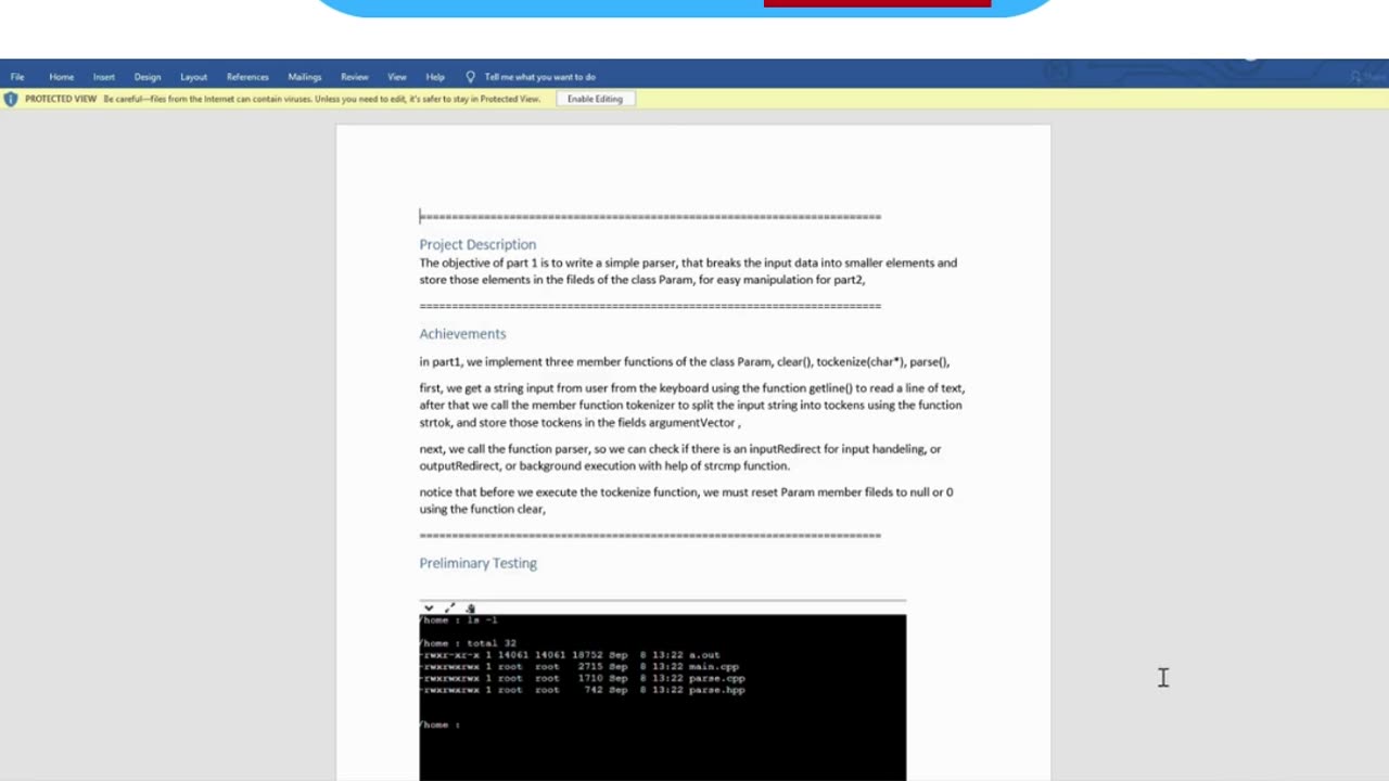 Student Work(Project)|COP4634 Project 1 Report :myshell.cpp + parse.cpp Output Video|UWF