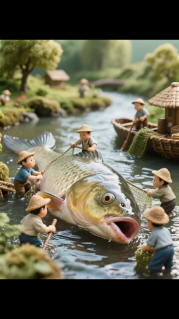 tiny japanese people catch fish and do party