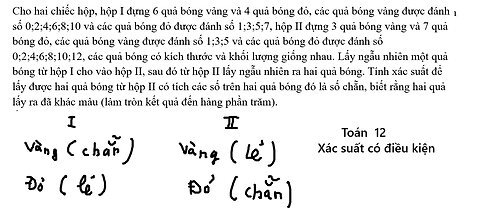 Toán 12: Cho hai chiếc hộp, hộp I đựng 6 quả bóng vàng và 4 quả bóng đỏ, các quả bóng