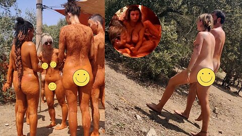 Naked blonde at mudbath