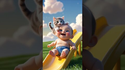 Baby and Kitten’s Priceless Reaction to a Fart on the Slide!