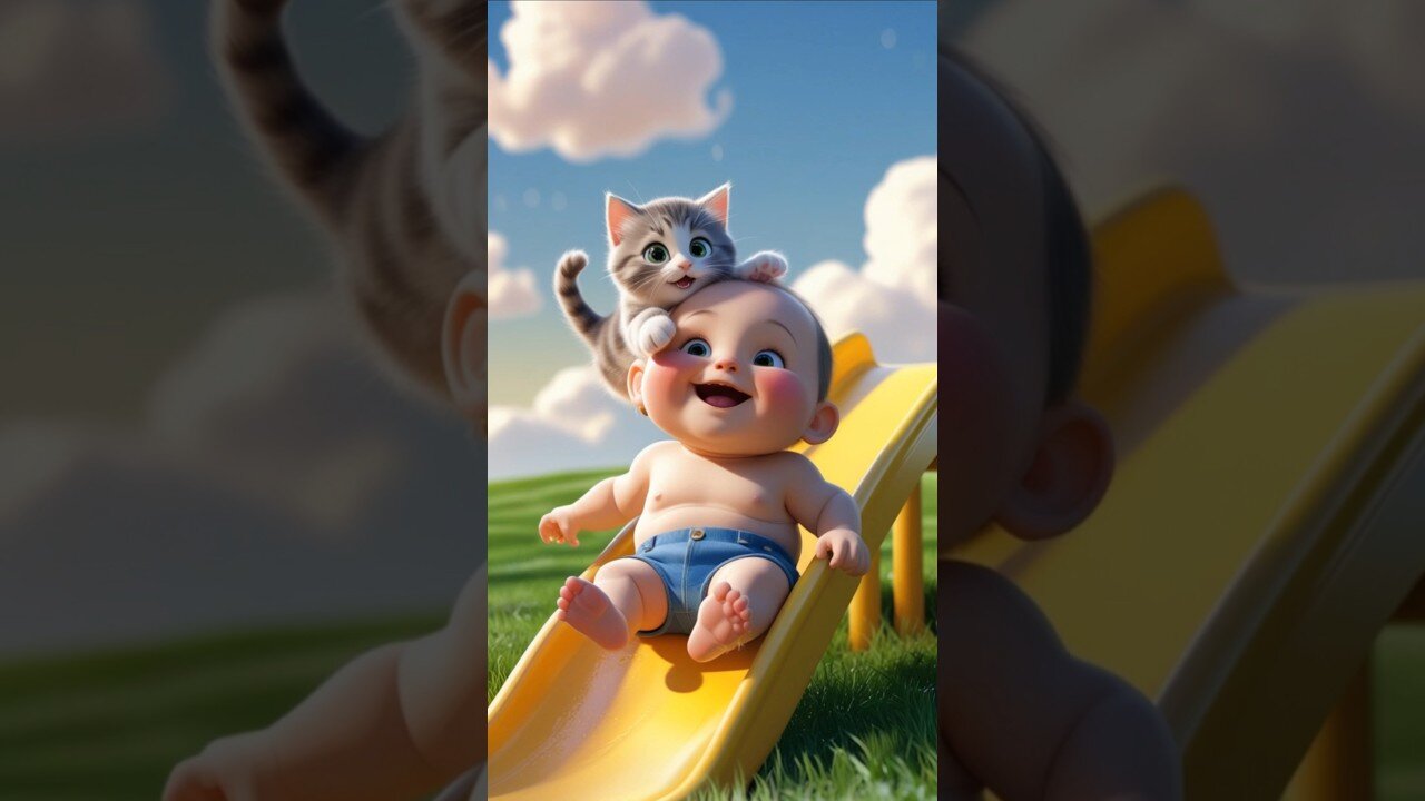 Baby and Kitten’s Priceless Reaction to a Fart on the Slide!