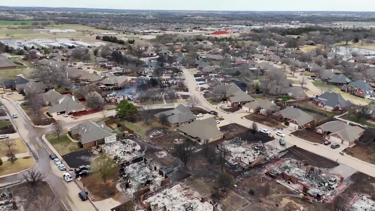 Shows the aftermath of the wildfires in Stillwater, Oklahoma.