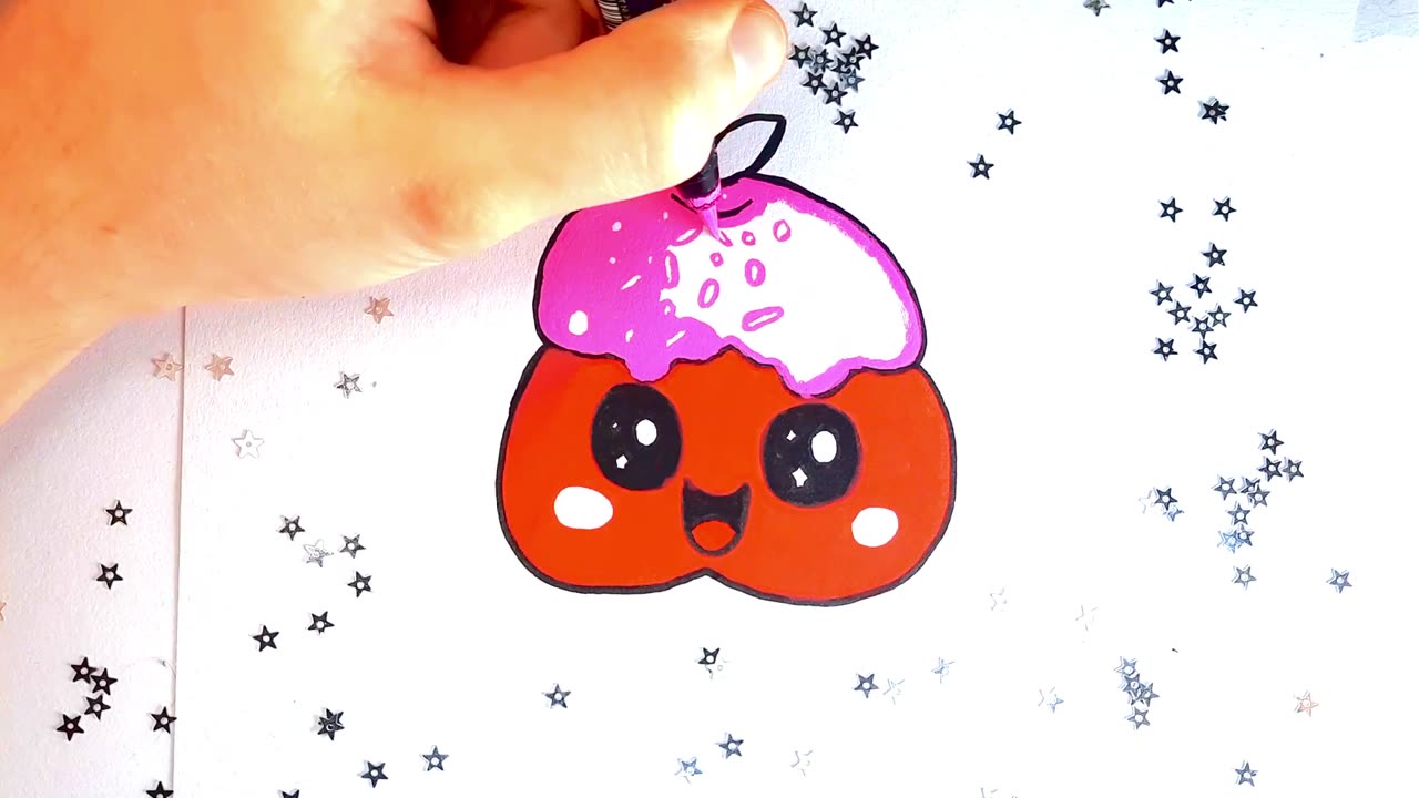 Draw a Red Apple with Pink Cream 🍎🍰 | Easy Kawaii Drawing