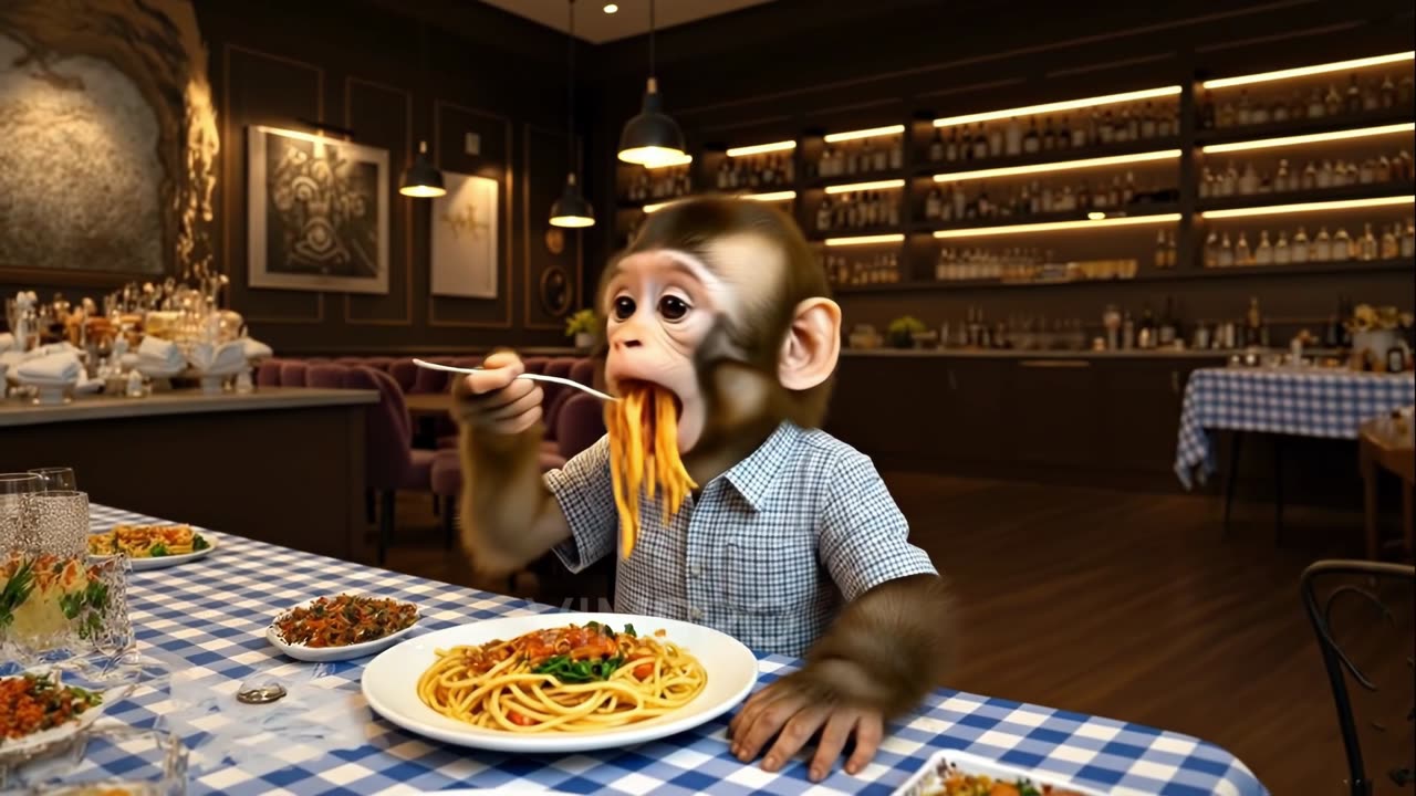 Little monkey eating Italian pasta