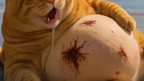 Orange cat fight with a shark. Ai cartoon orange fat cat funny video