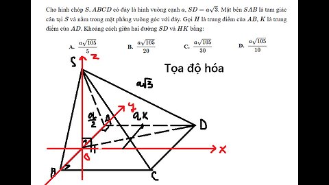 Toán 12: Cho một hình chóp S.ABCD có đáy là hình vuông cạnh bằng a, SD = a căn 3. mặt bên SAB là