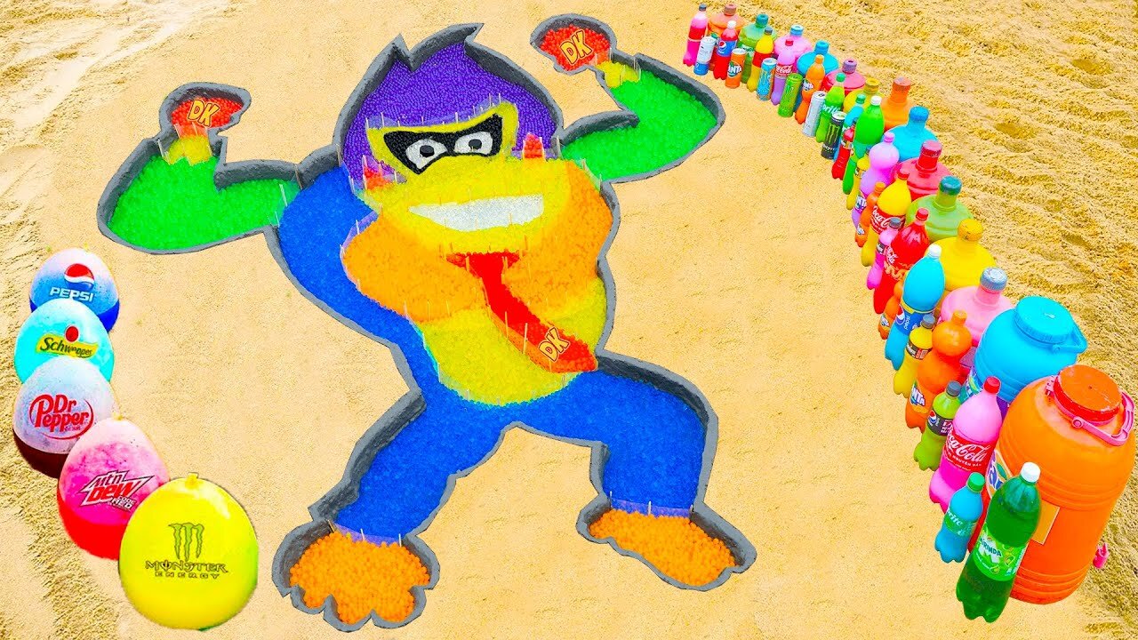How to make Rainbow Donkey Kong with Orbeez, Balloons of Fanta, Coca Cola, Mentos & Popular Sodas