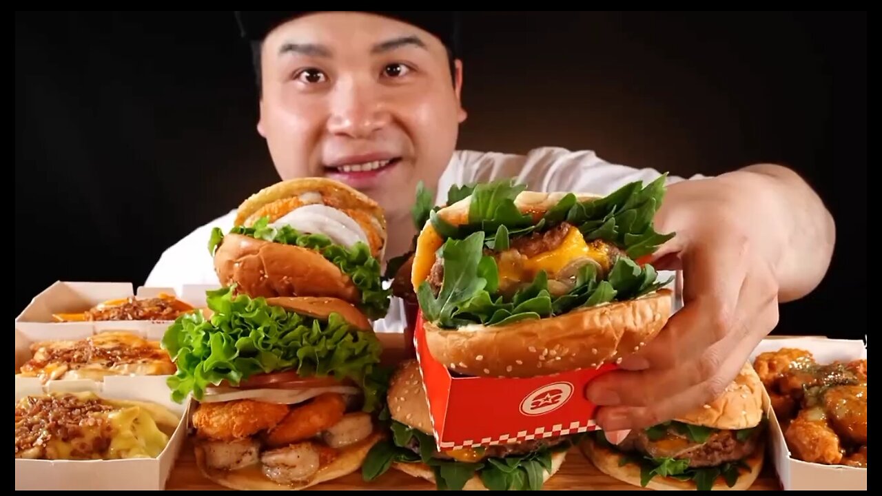 Hamburgers, potato chips, fried chicken