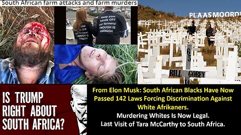 From Elon Musk: South African Blacks Have Now Passed 142 Laws Forcing Discrimination Against White Afrikaners. Murdering Whites Is Now Legal. Last Visit of Tara McCarthy to South Africa.