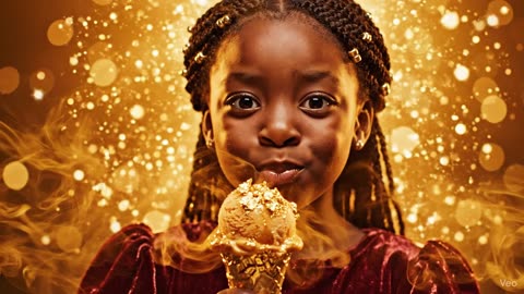 A girl eats ice cream on a magical night.