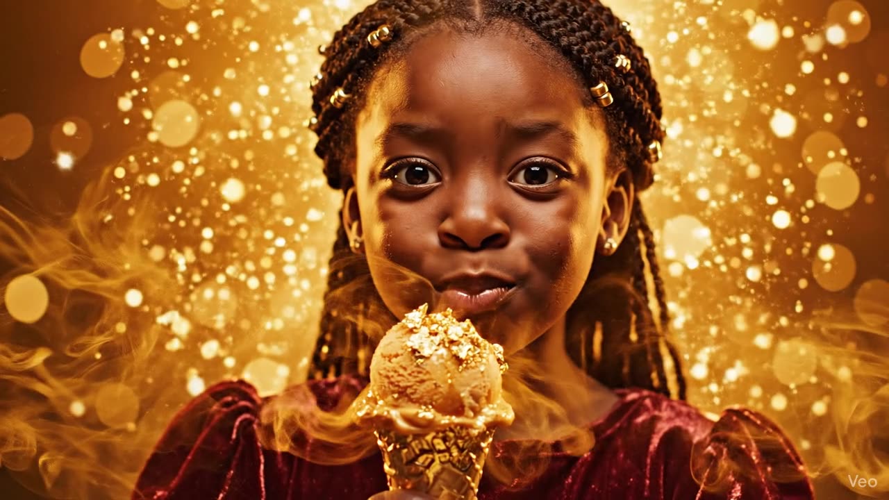 A girl eats ice cream on a magical night.