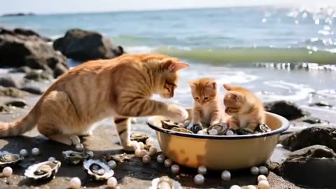 Mama Cat Forages for Oysters by the Sea