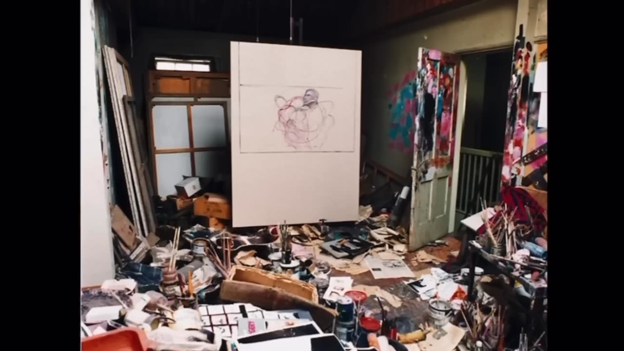 Francis Bacon in his residence and creative studio at 7 Reece Mews, London.