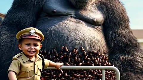 A cute police baby saved a monkey from a lot of cockroaches 😥