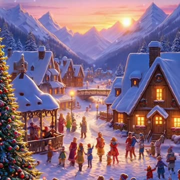 Christmas daytime village mountain magical scene