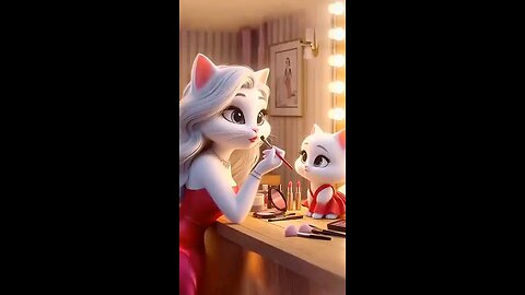 Cute kitten of cat is doing makeup for the first time