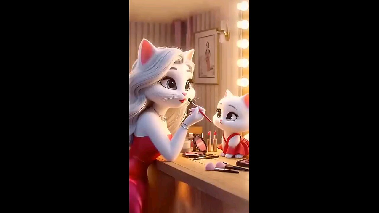 Cute kitten of cat is doing makeup for the first time