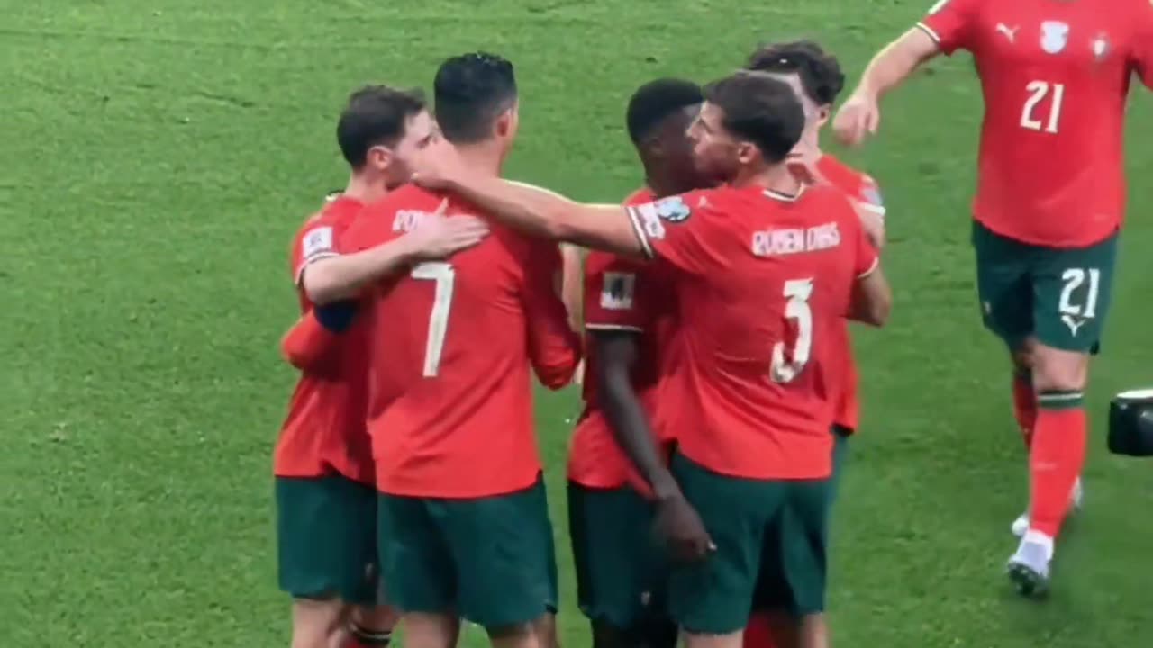 The Portugal national team and Cristiano Ronaldo celebrate scoring a goal ⚽