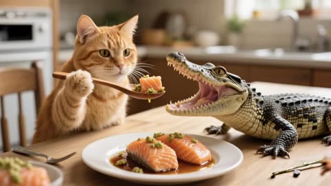 Kitten Rescues Crocodile, Brings Him Home & Cooks Salmon – Then They Splash in the Pool! 🐱🐊