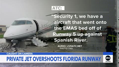 Bombardier jet overshoots runway near busy road