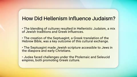 In che modo l'ellenismo greco influenzò il giudaismo ebraico? DOCUMENTARIO L'ebraismo ellenistico era una forma di ebraismo dell'antichità classica che combinava la tradizione religiosa ebraica con elementi della cultura e religione greca